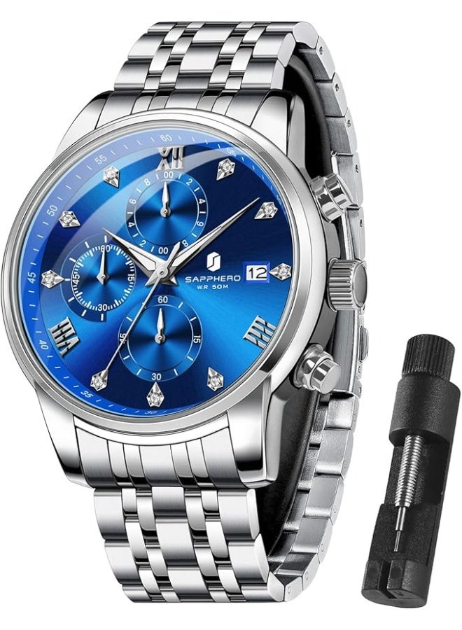 سافيرو ساعة SAPPHERO رجالية دائرية من الفولاذ المقاوم للصدأ، مقاومة للماء حتى عمق 50 مترًا، مضيئة، هدية أنيقة، ساعة يد مع عرض التاريخ وحركة كوارتز تناظرية - Image 1